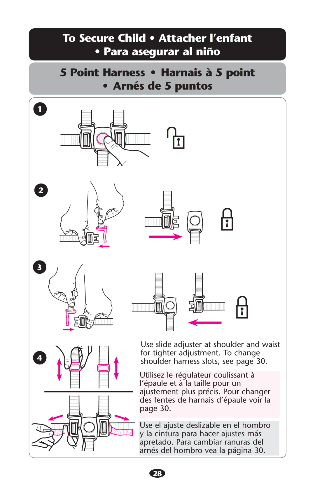 Graco PD181154B manual 4O 3ECURE #HILDIss!TTACHER LENFANT Ss0ARA Asegurar AL NI×O 