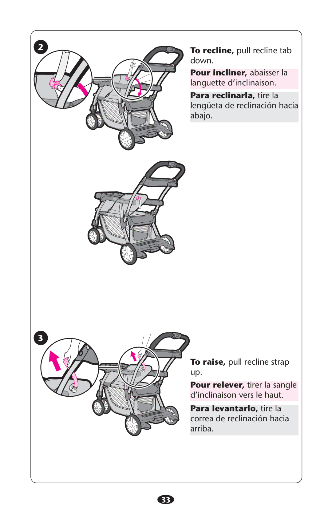 Graco PD181154B manual Para levantarlo, tire la correa de reclinación hacia arriba 