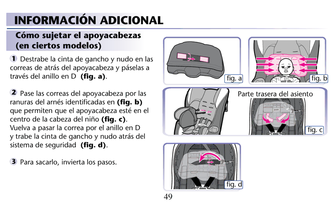 Graco PD182092A Cómo sujetar el apoyacabezas en ciertos modelos, Destrabe la cinta de gancho y nudo en las, ﬁg. c ﬁg. d 