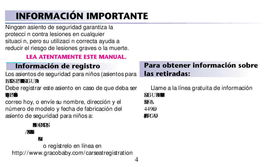 Graco PD182092A owner manual Información Importante 