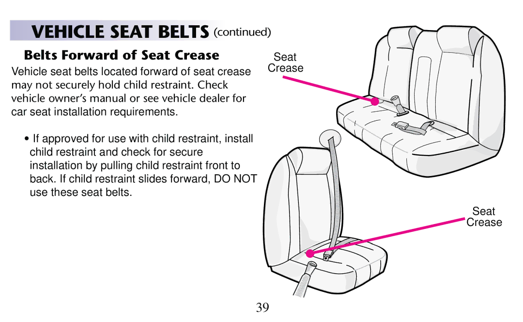 Graco PD182092A owner manual Belts Forward of Seat Crease, Vehicle seat belts located forward of seat crease 