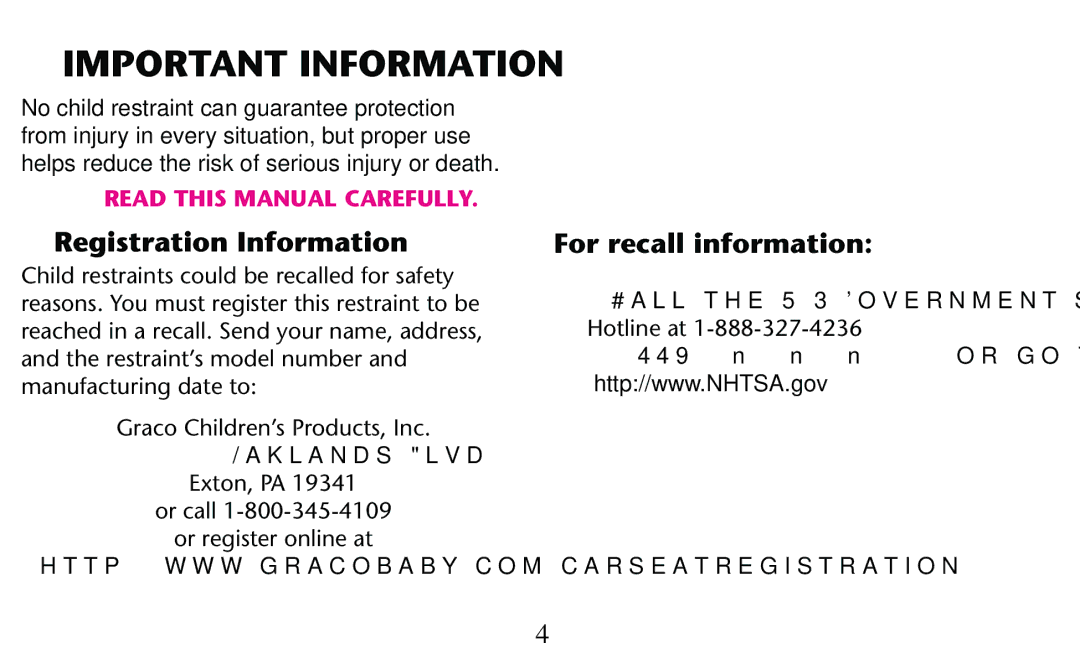 Graco PD182092A Important Information, For recall information, /Aklands Lvd, Exton, PA Or call Or register online at 