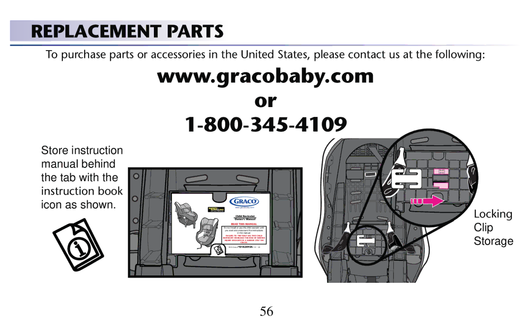 Graco PD182092A owner manual Replacement Parts, Ocking, Clip Storage 