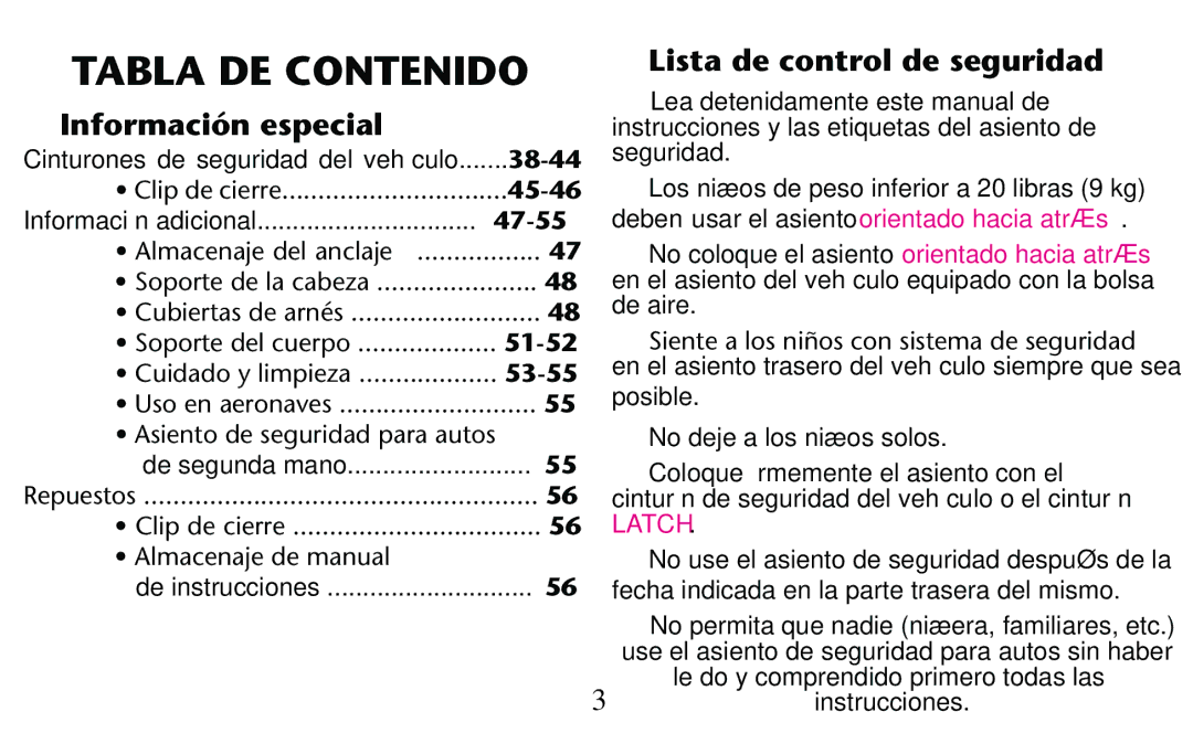 Graco PD182092A Información especial, Lista de control de seguridad, Cinturones de seguridad del vehículo 38-44 