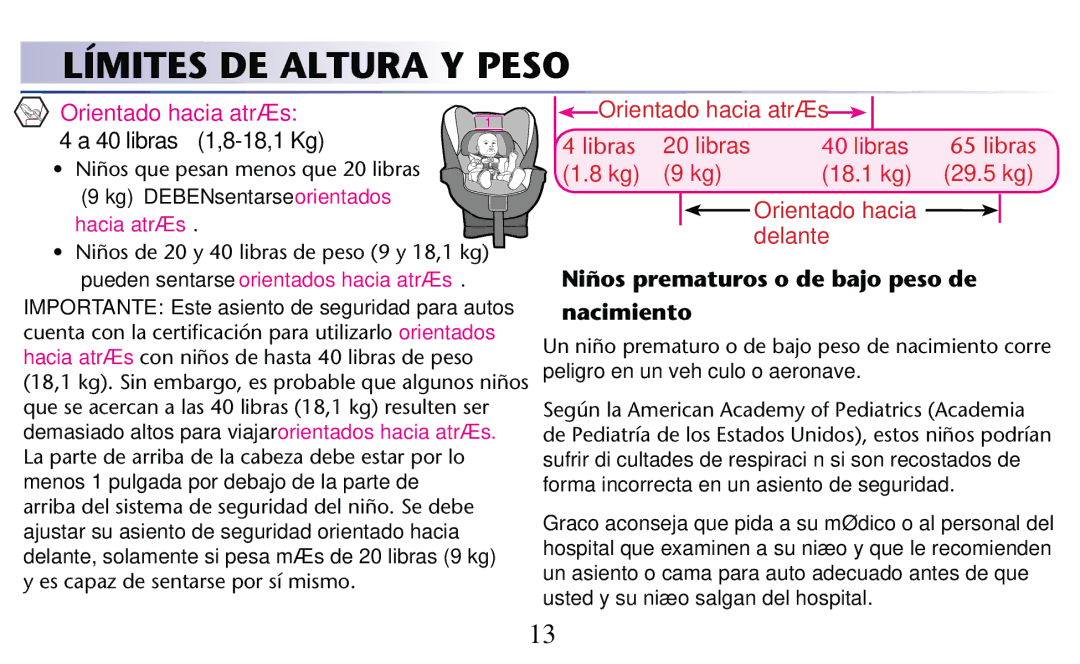 Graco PD182092A owner manual Límites DE Altura Y Peso, Orientado hacia atrás 