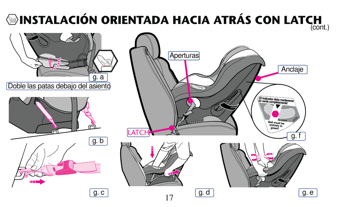 Graco PD182092A owner manual Instalación Orientada Hacia Atrás CON Latch, ﬁg. f ﬁg. c ﬁg. d 