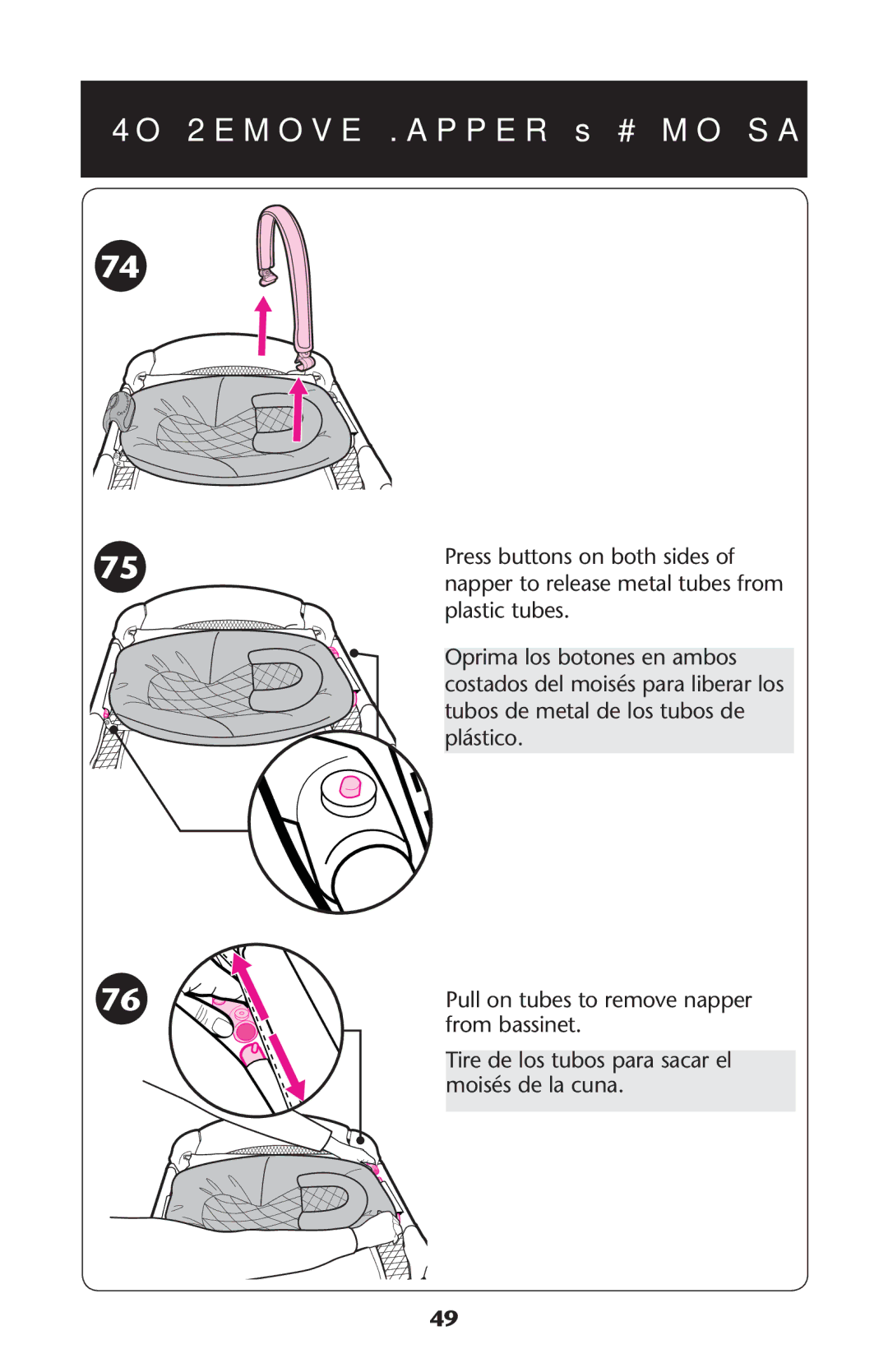 Graco PD187207A 9/11 owner manual 4O 2EMOVE .APPER ss#ØMO Sacarcel Moisïs, Plasticstubes, From BASSINET 