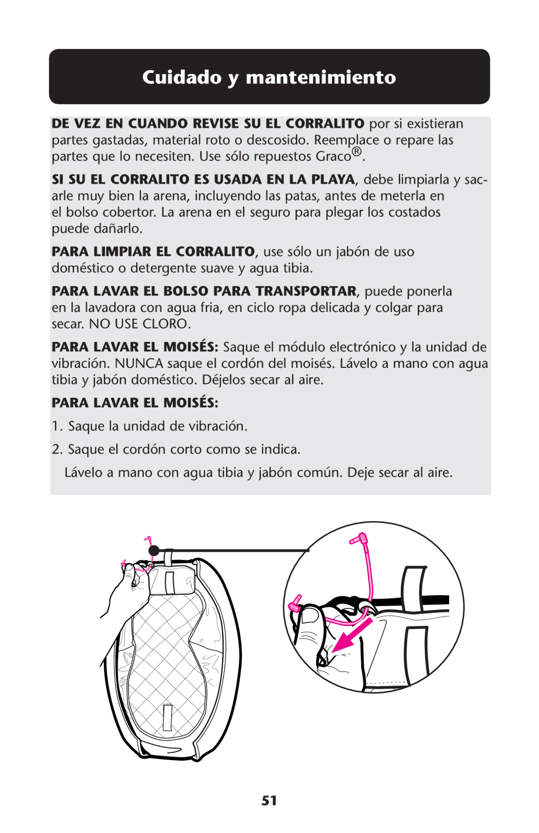 Graco PD187207A 9/11 owner manual Cuidado y mantenimiento, Para Lavar EL Moisés 