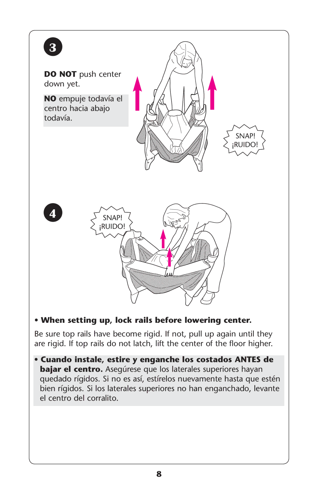 Graco PD187207A 9/11 owner manual SsWhen setting up, lock rails before lowering center 