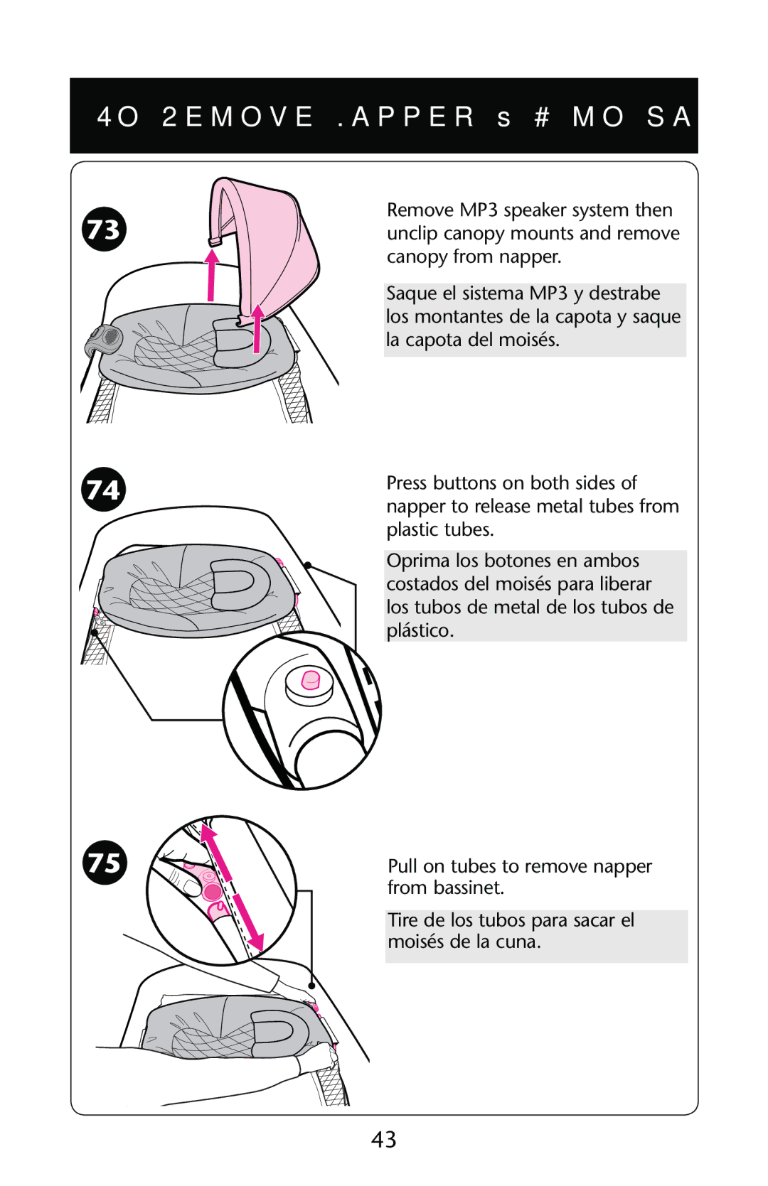 Graco PD189307A owner manual 4O 2EMOVE .APPER ss#ØMO Sacarcel Moisïs, 0ULL on Tubesbto Remove Napper from BASSINET 