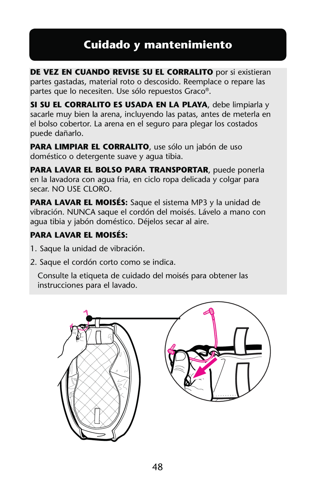 Graco PD189307A owner manual Cuidado y mantenimiento, Para Lavar EL Moisés 