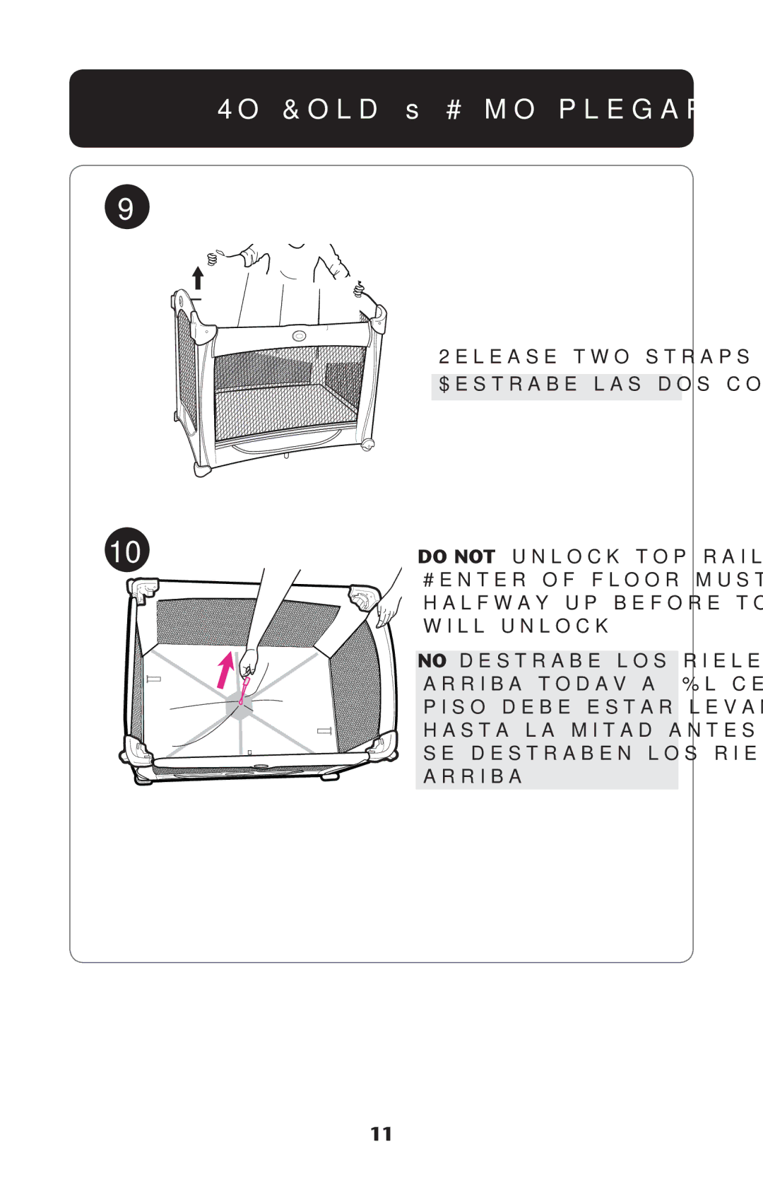 Graco PD189684A manual 4O &OLD ss #ØMO Plegarlo, 2ELEASEETWOWSTRAPS $ESTRABE LASADOSOCORREAS, Will UNLOCK 