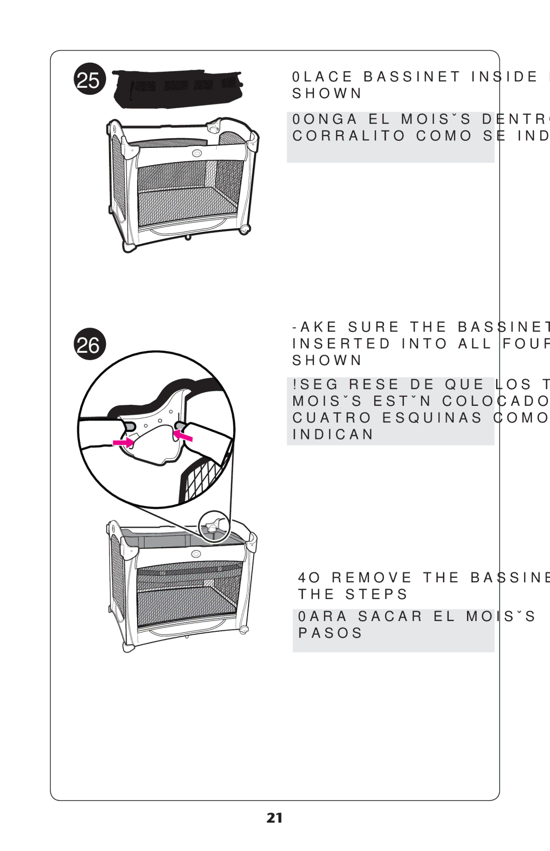 Graco PD189684A manual 0LACEABASSINET Inside Playardyas SHOWN, 26INSERTED Into Alllfour Cornersnas SHOWN 