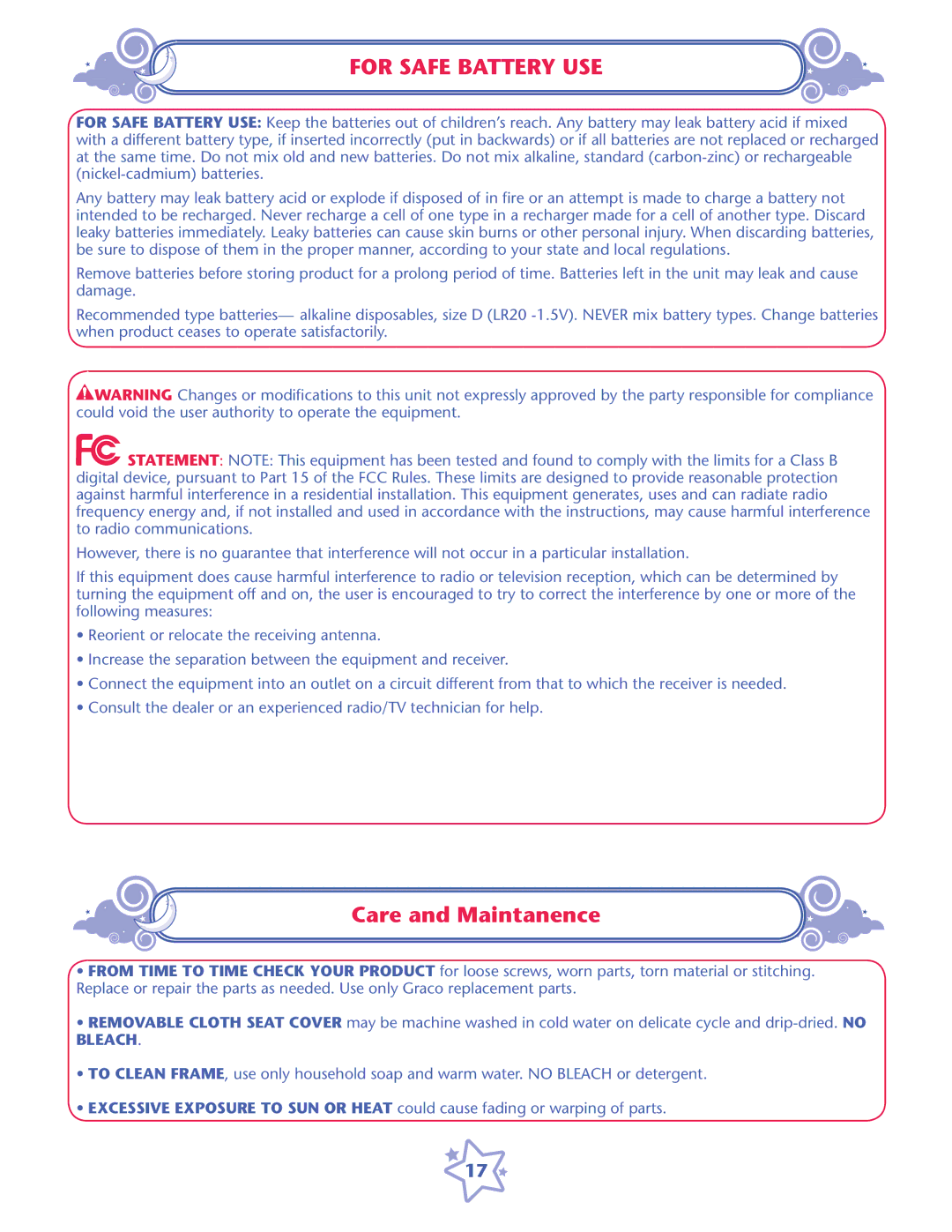 Graco PD193533A owner manual For Safe Battery USE, Care and Maintanence 