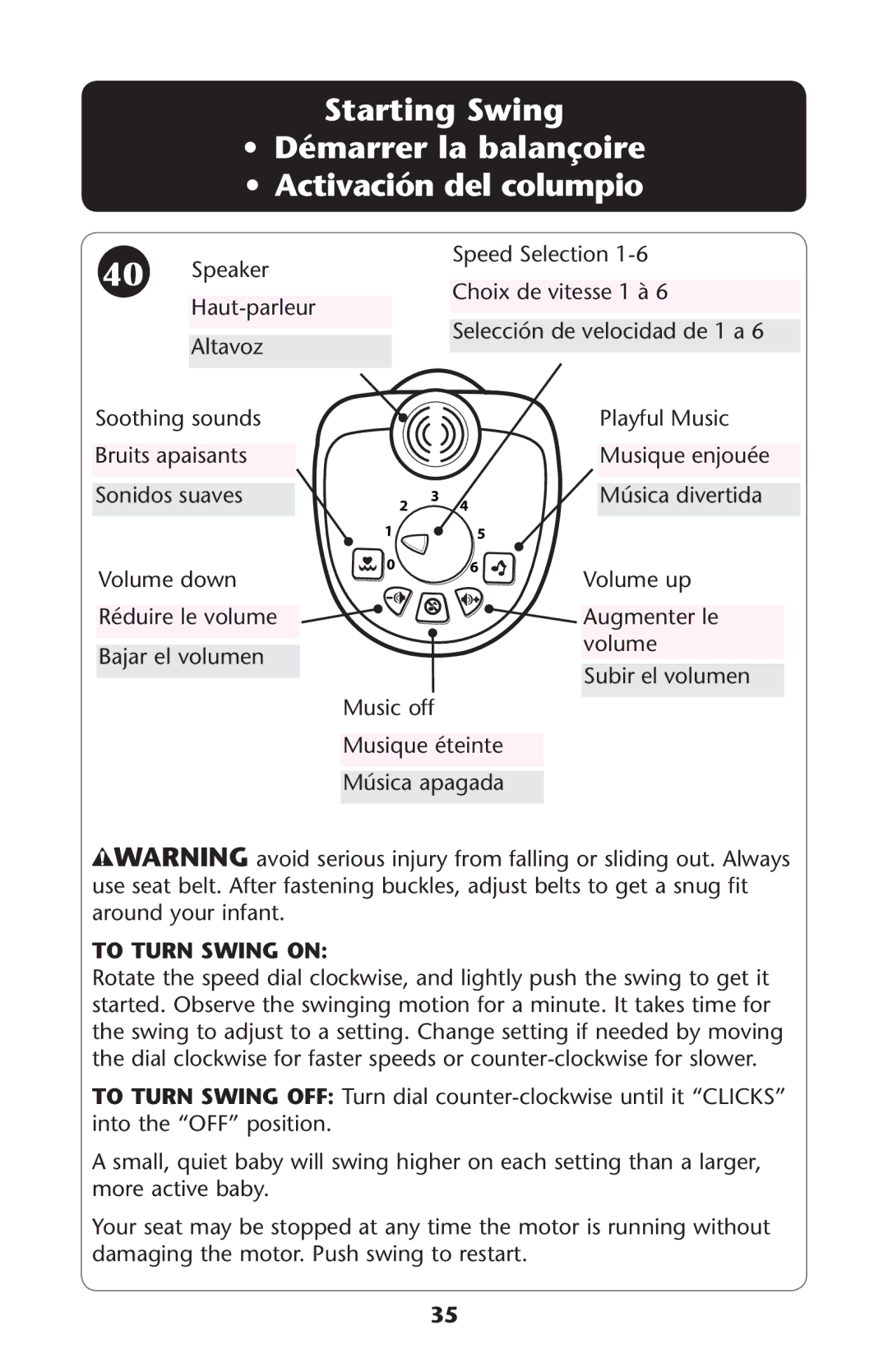 Graco PD194053B owner manual Starting Swing, To Turn Swing on 