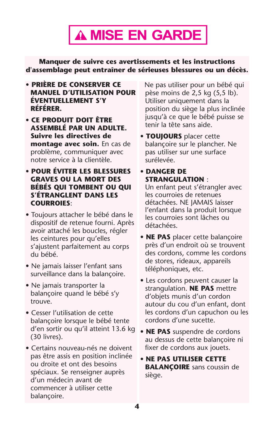 Graco PD194053B Manuel D’UTILISATION Pour Éventuellement S’Y Référer, SsCE Produit Doit Être, SsPOUR Éviter LES Blessures 