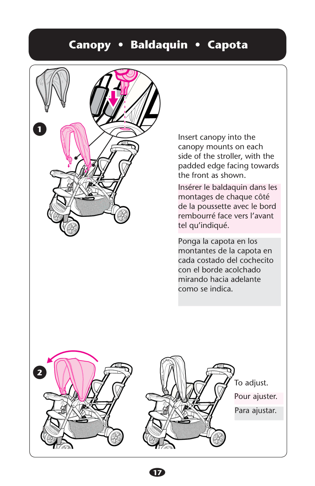 Graco PD194243D manual Canopy ss Baldaquin ss Capota 