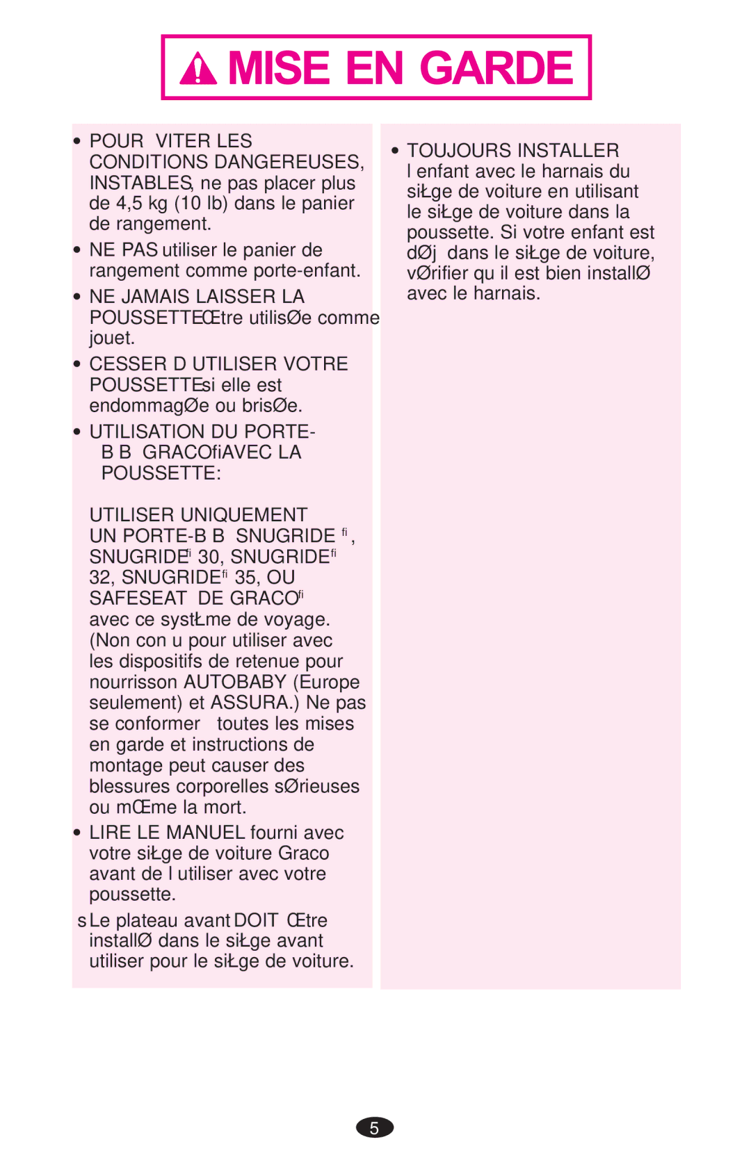 Graco PD194243D manual Utiliser Uniquement 