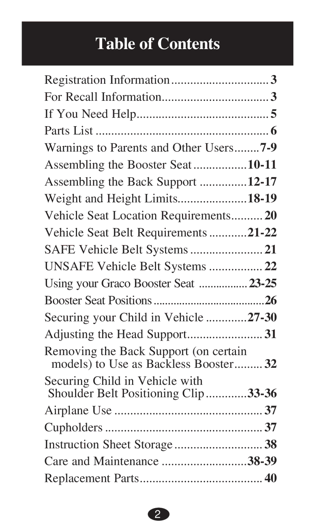 Graco PD194386A owner manual Table of Contents 