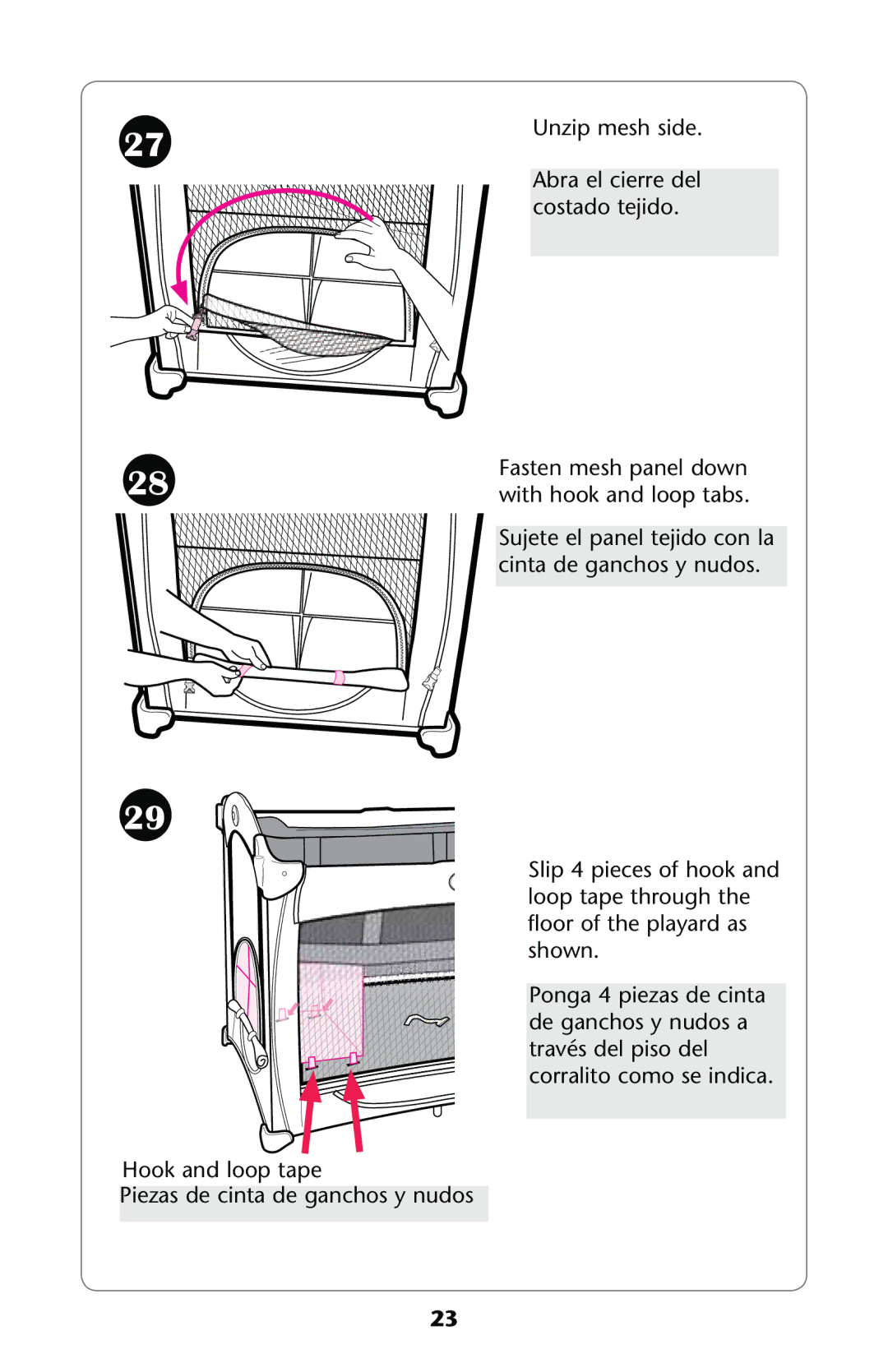 Graco PD197910A manual 5NZIPZMESH SIDE, OOK Andnloop Tape 0IEZAS DE Cintande Ganchoscyynudos 