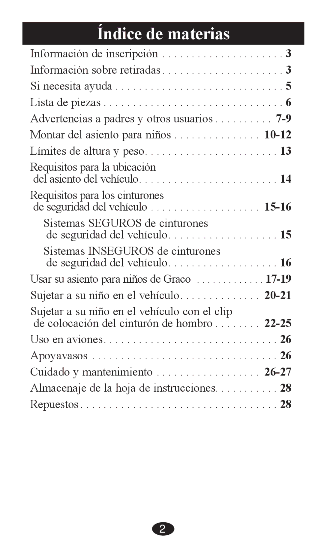 Graco PD202192A owner manual Índice de materias, Sujetar a su niño en el vehículo con el clip 