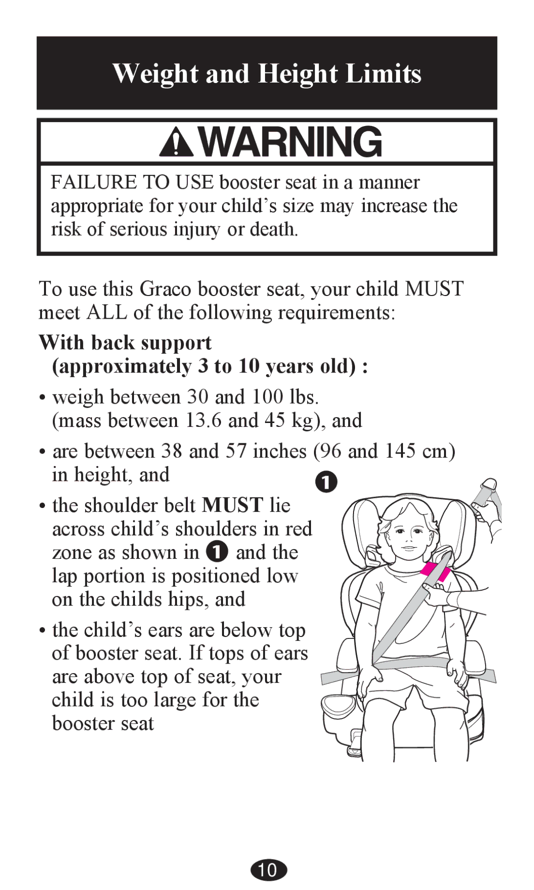 Graco PD202326A owner manual Weight and Height Limits, With back support approximately 3 to 10 years old 