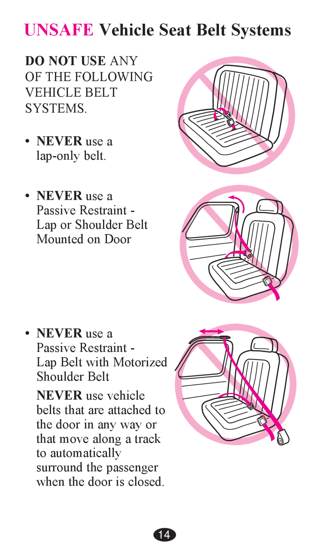 Graco PD202326A owner manual Unsafe Vehicle Seat Belt Systems 