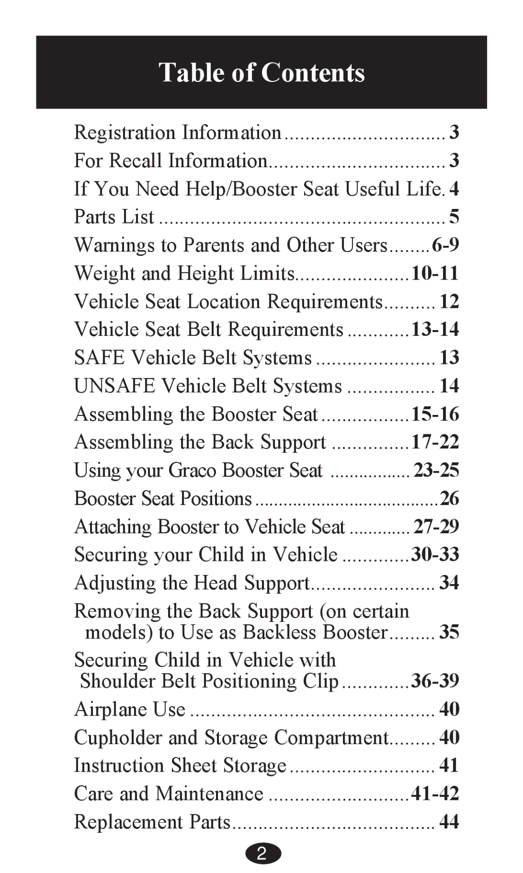 Graco PD202326A owner manual Table of Contents 