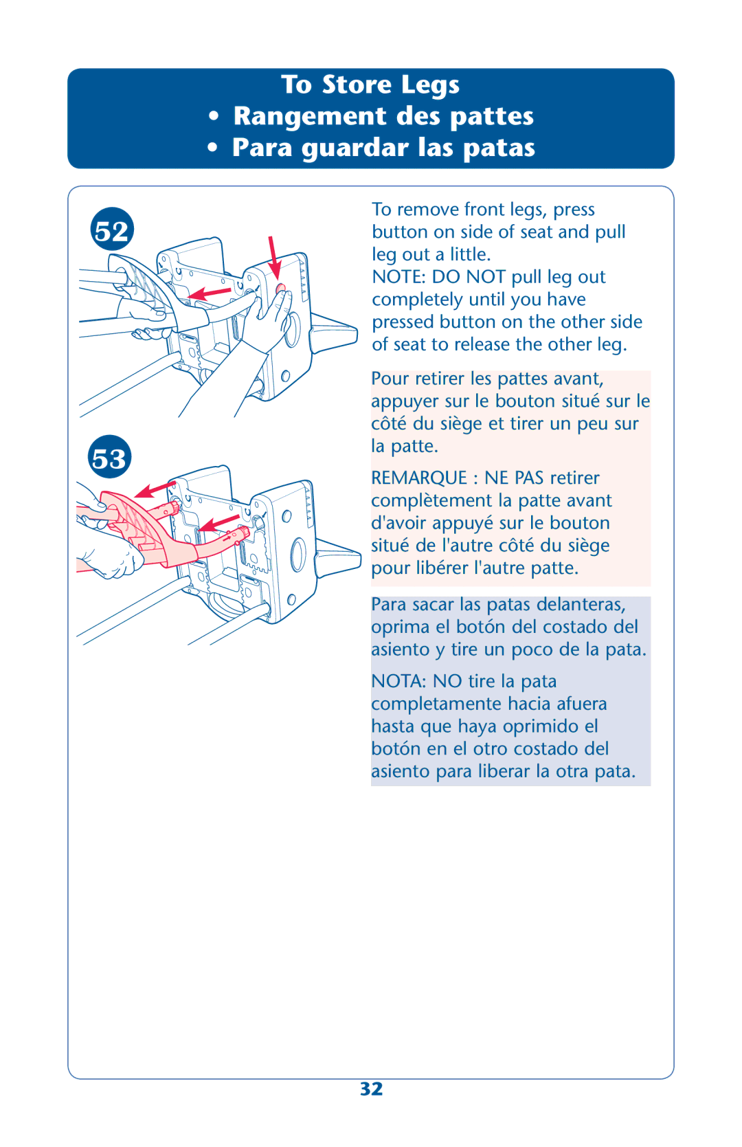 Graco PD202868A owner manual To Store Legs, Ss 2ANGEMENTEDESEPATTES ss 0ARA Guardarrlasapatas 