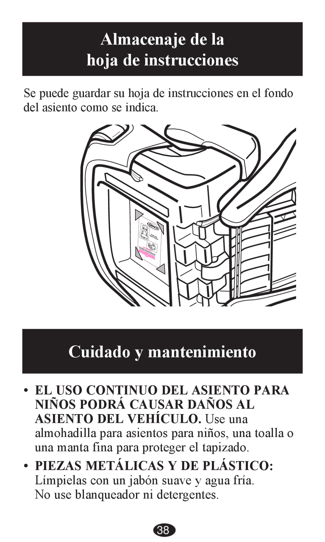 Graco PD203827A owner manual Almacenaje de la Hoja de instrucciones, Cuidado y mantenimiento 