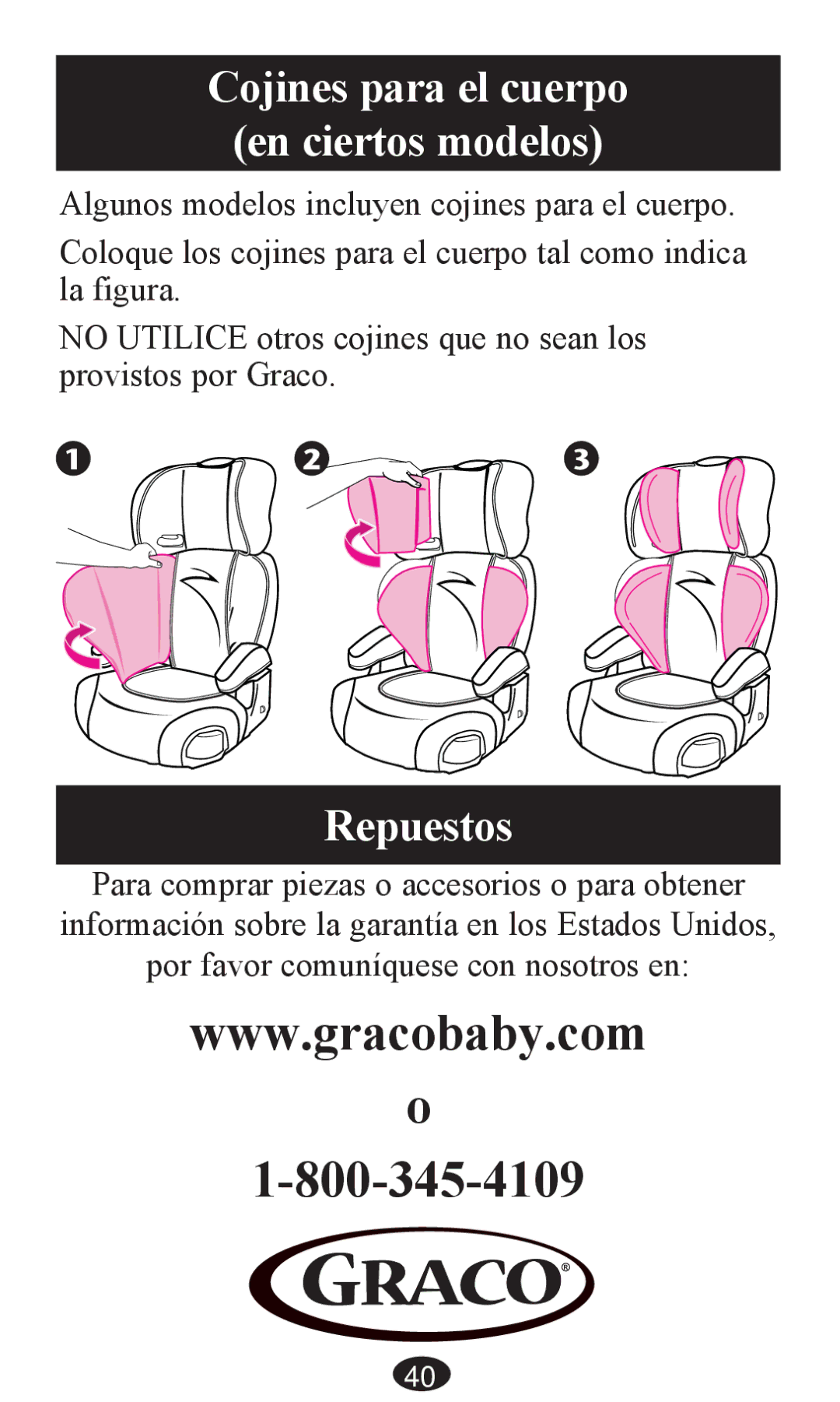 Graco PD203827A owner manual Cojines para el cuerpo En ciertos modelos, Repuestos 