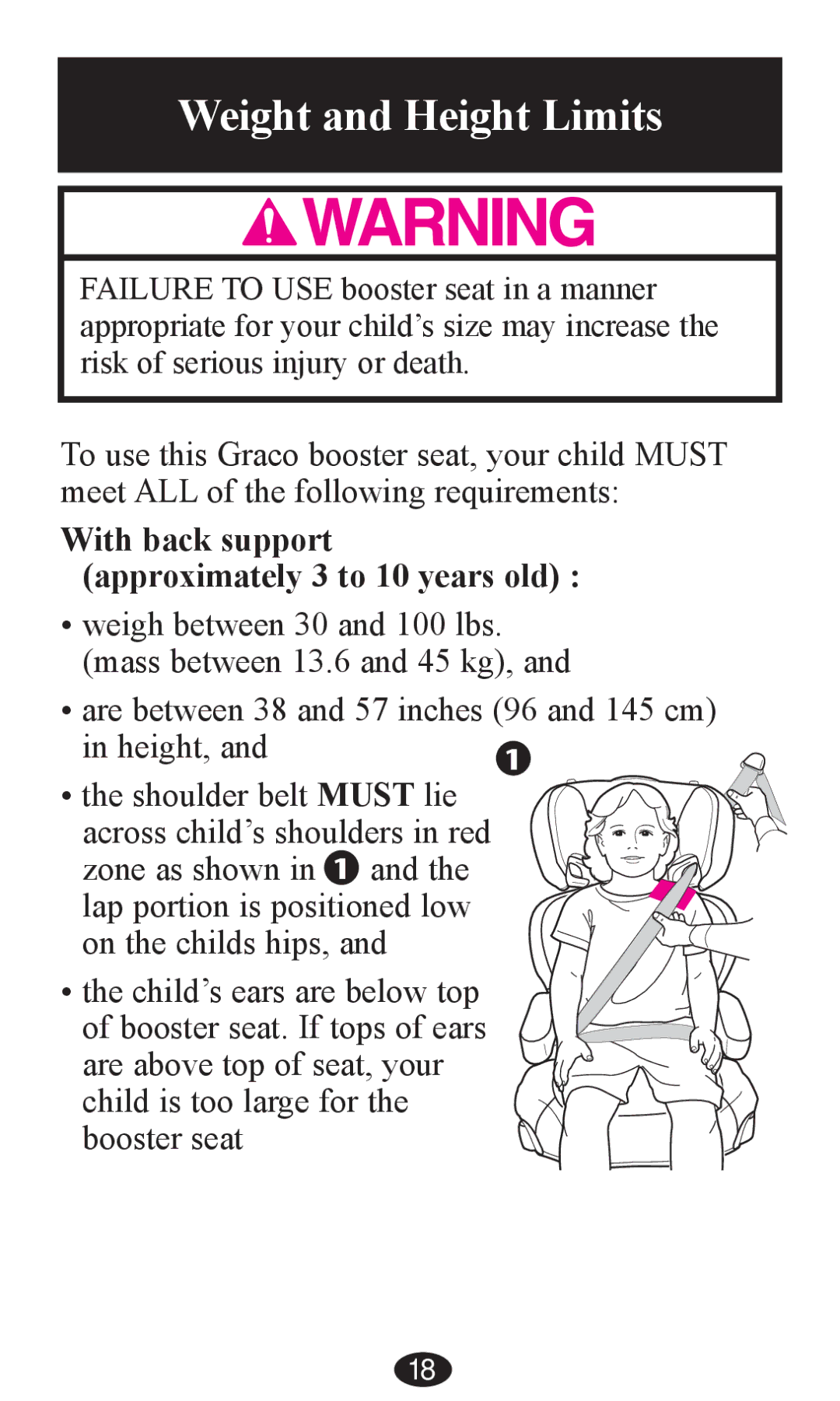 Graco PD203828A owner manual Weight and Height Limits, With back support approximately 3 to 10 years old 