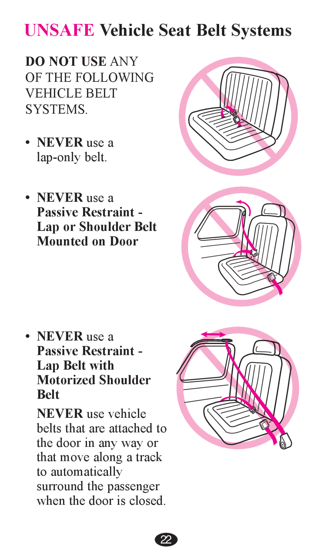 Graco PD203828A owner manual Unsafe Vehicle Seat Belt Systems 