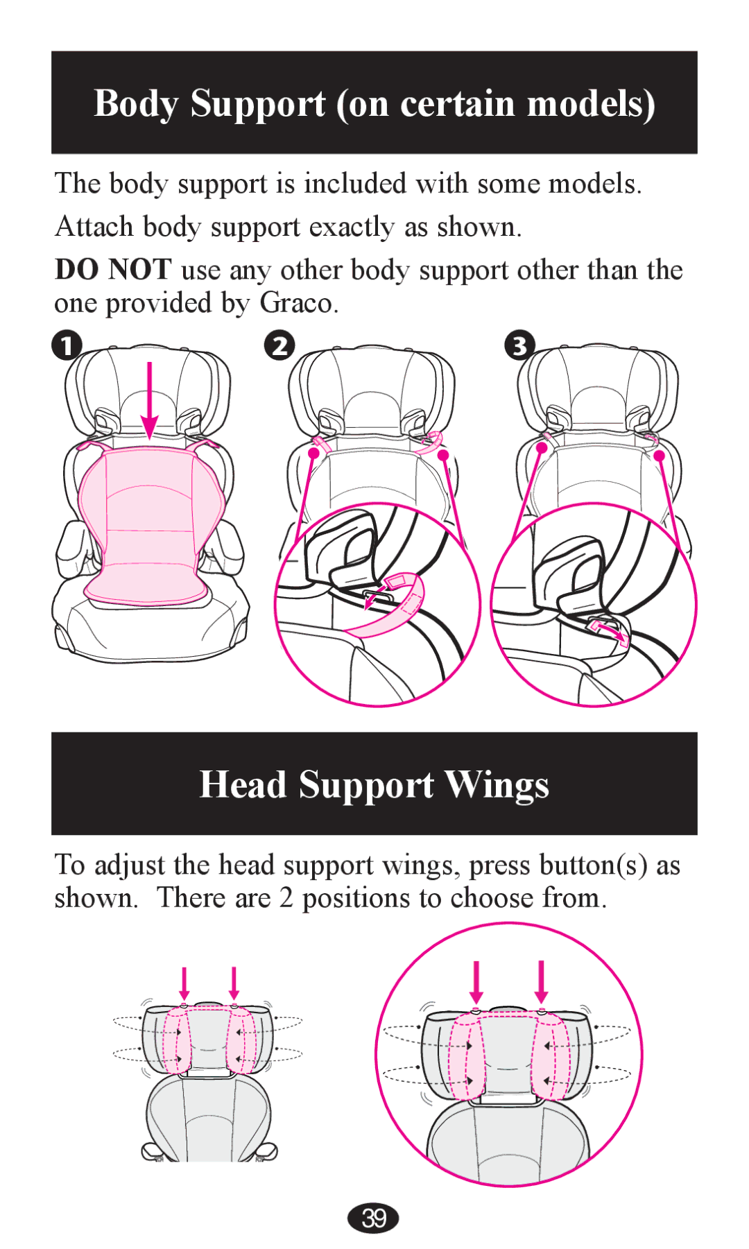 Graco PD203828A owner manual Body Support on certain models, Head Support Wings 