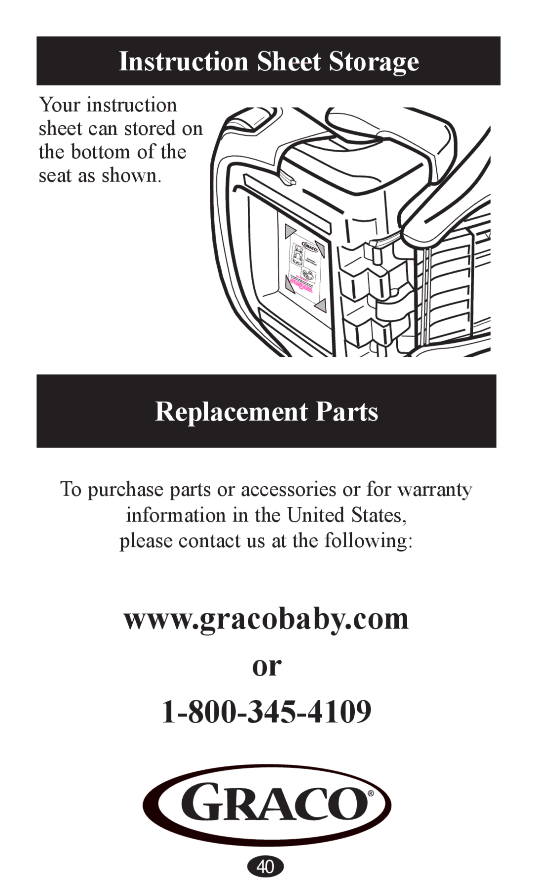 Graco PD203828A owner manual Instruction Sheet Storage, Replacement Parts 