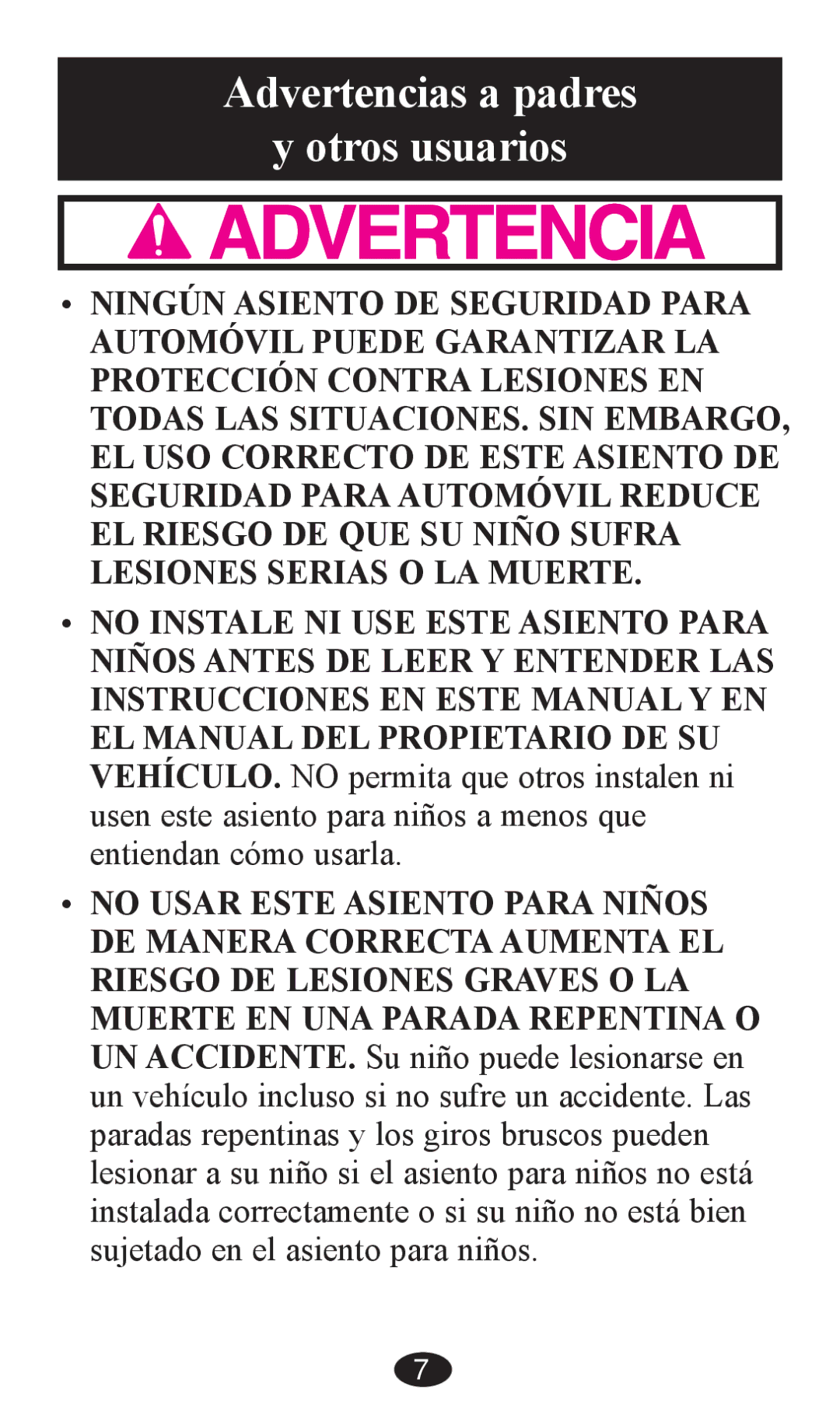 Graco PD203828A owner manual Advertencias a padres y otros usuarios 