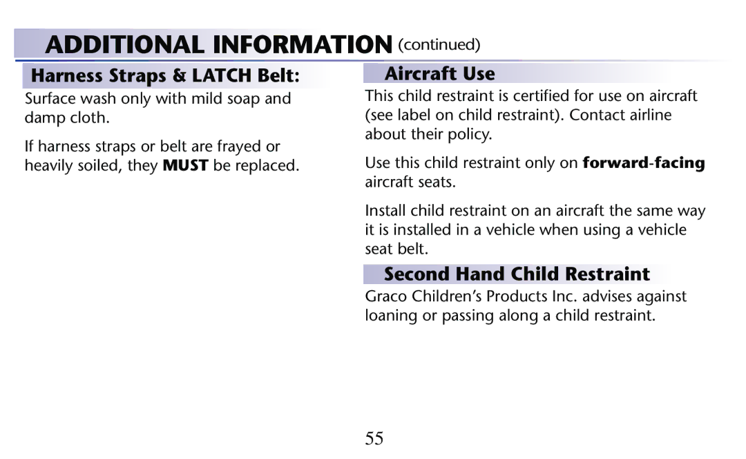 Graco PD204108A owner manual Harness Straps & Latch Belt, Aircraft Use, Second Hand Child Restraint 