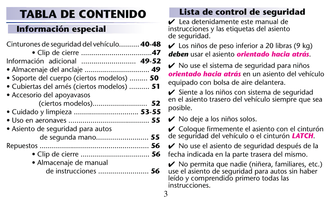 Graco PD204108A owner manual Información especial, Lista de control de seguridad 