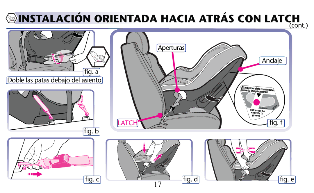 Graco PD204108A owner manual Instalación Orientada Hacia Atrás CON Latch, Cont, ﬁg. b ﬁg. c ﬁg. d ﬁg. e 