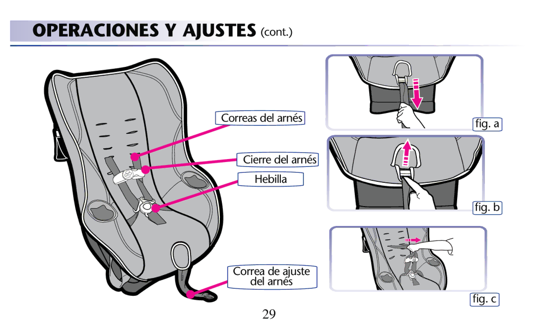 Graco PD204108A owner manual Operaciones Y Ajustes CONT, Correas del arnés, ﬁg. b Correa de ajuste Del arnés ﬁg. c 