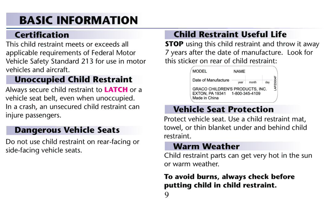 Graco PD204108A owner manual Basic Information 