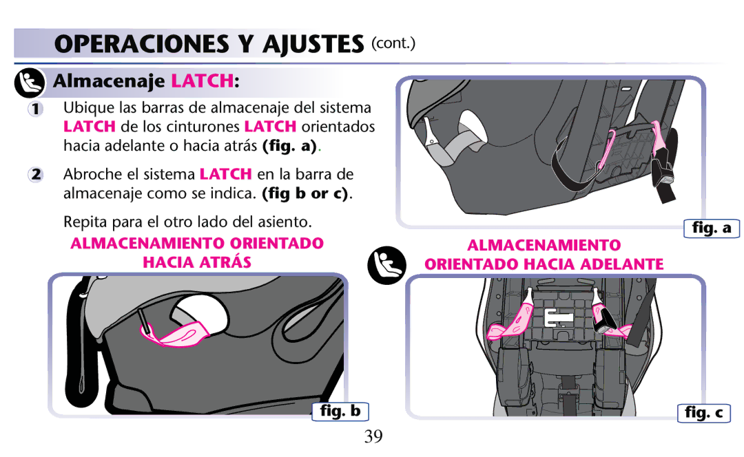 Graco PD204108A owner manual Almacenaje Latch, 2EPITA Paraael Otrorlado DEL ASIENTO, ﬁg. b ﬁg. a 