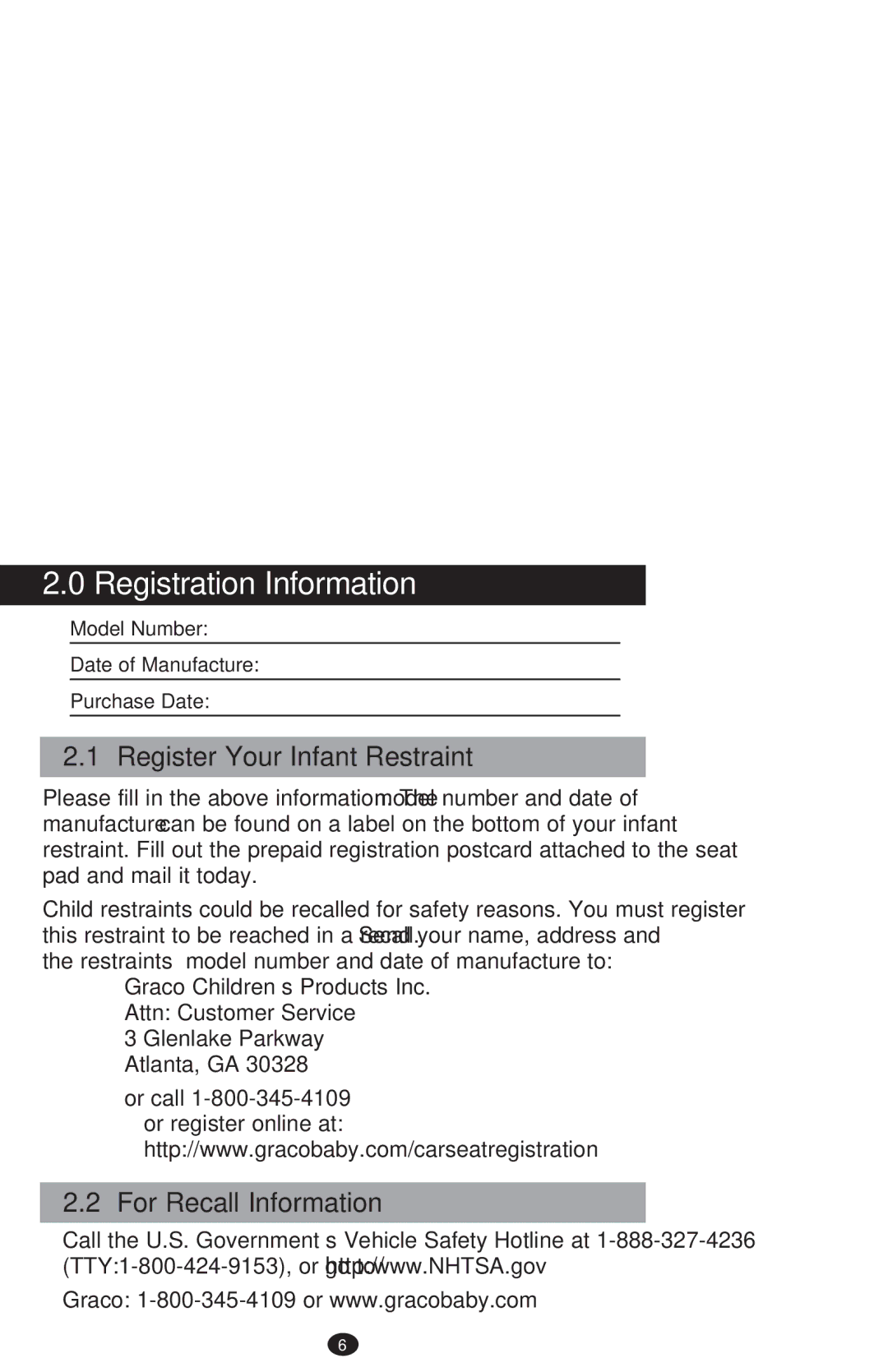 Graco PD204226C manual Registration Information, Register Your Infant Restraint, For Recall Information 