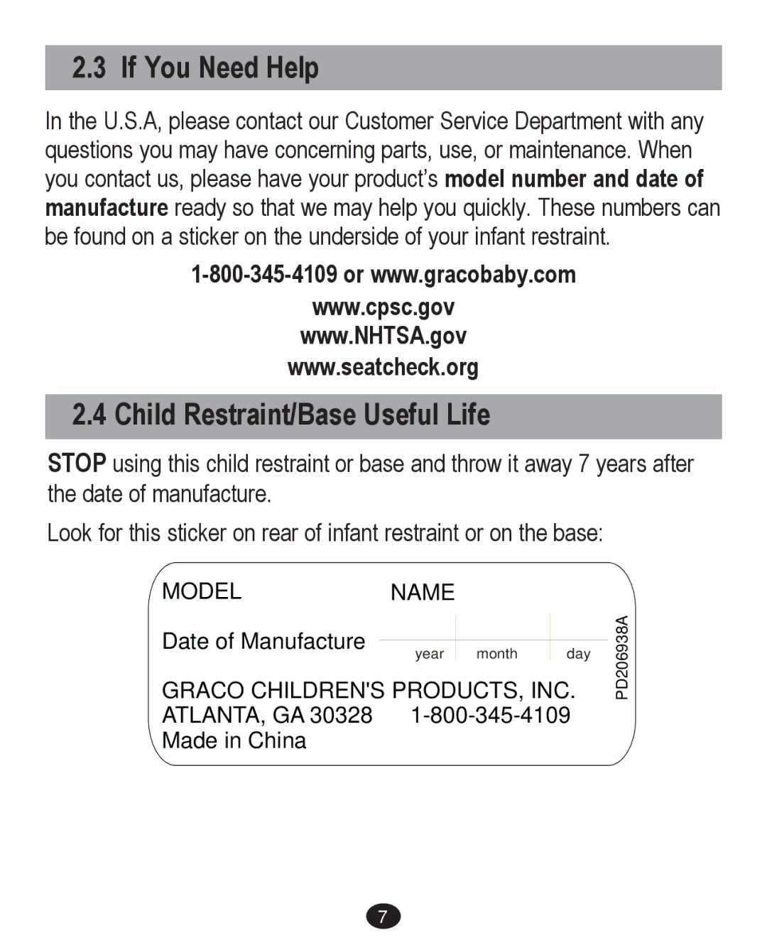 Graco PD204226C manual If You Need Help, Child Restraint/Base Useful Life 