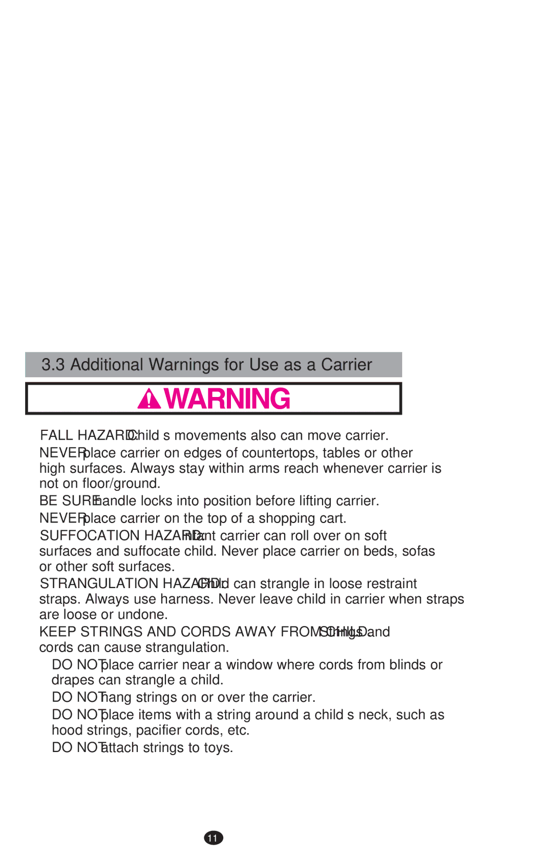 Graco PD204226C manual Additional Warnings for Use as a Carrier 