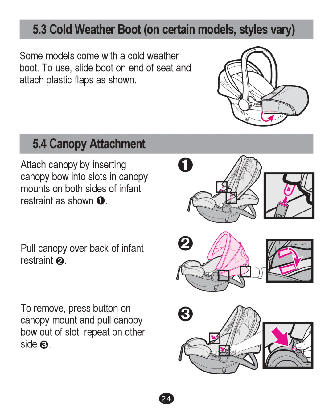 Graco PD204226C manual Cold Weather Boot on certain models, styles vary, Canopy Attachment 