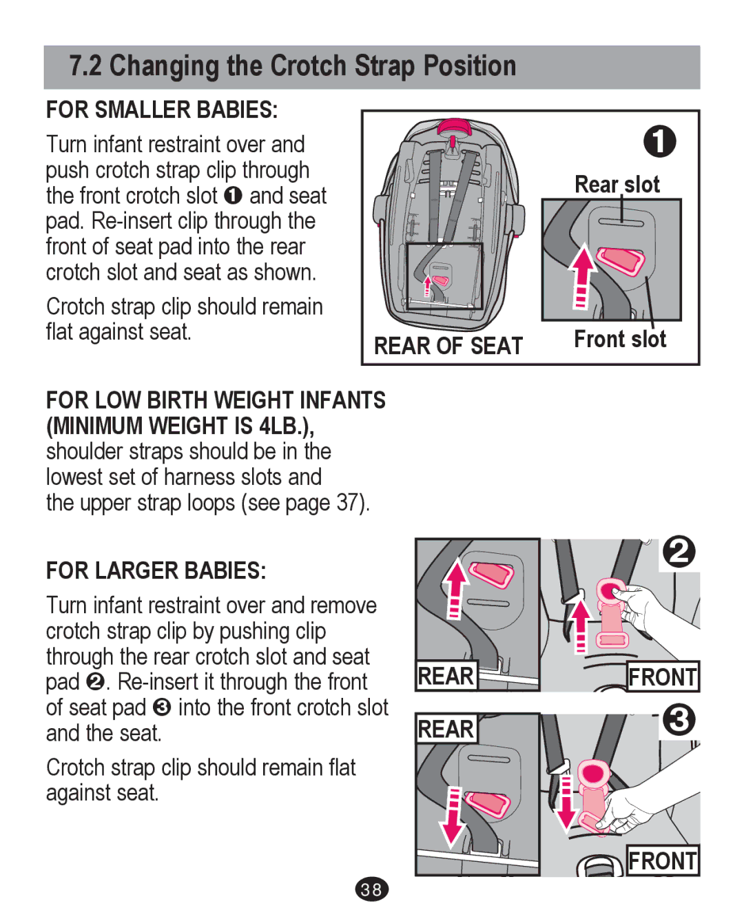 Graco PD204226C manual Changing the Crotch Strap Position, For Smaller Babies, Rear of Seat, For Larger Babies, Rear Front 