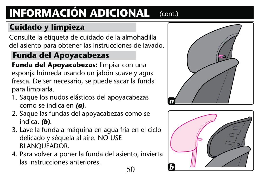 Graco PD205009A owner manual Cuidado y limpieza, Funda del Apoyacabezas 