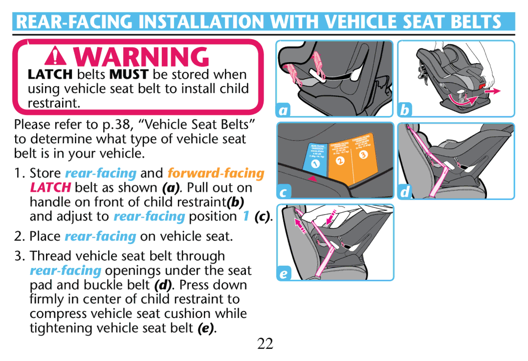 Graco PD205009A owner manual REAR-FACING Installation with Vehicle Seat Belts, Place rear-facingON Vehicle SEAT 