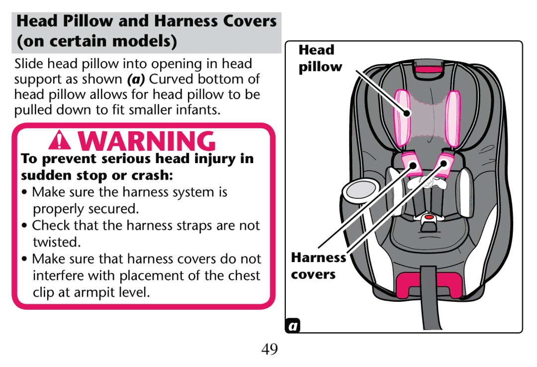 Graco PD205009A owner manual Head Pillow and Harness Covers on certain models, Clipcat ARMPITALEVEL, Harness covers 